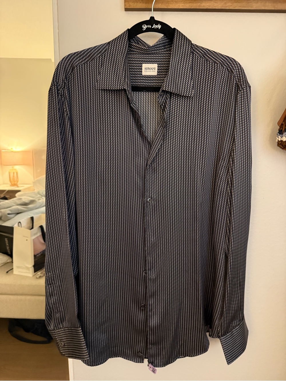 Armani Collezioni Men's Black and White Micro-Pattern Dress Shirt